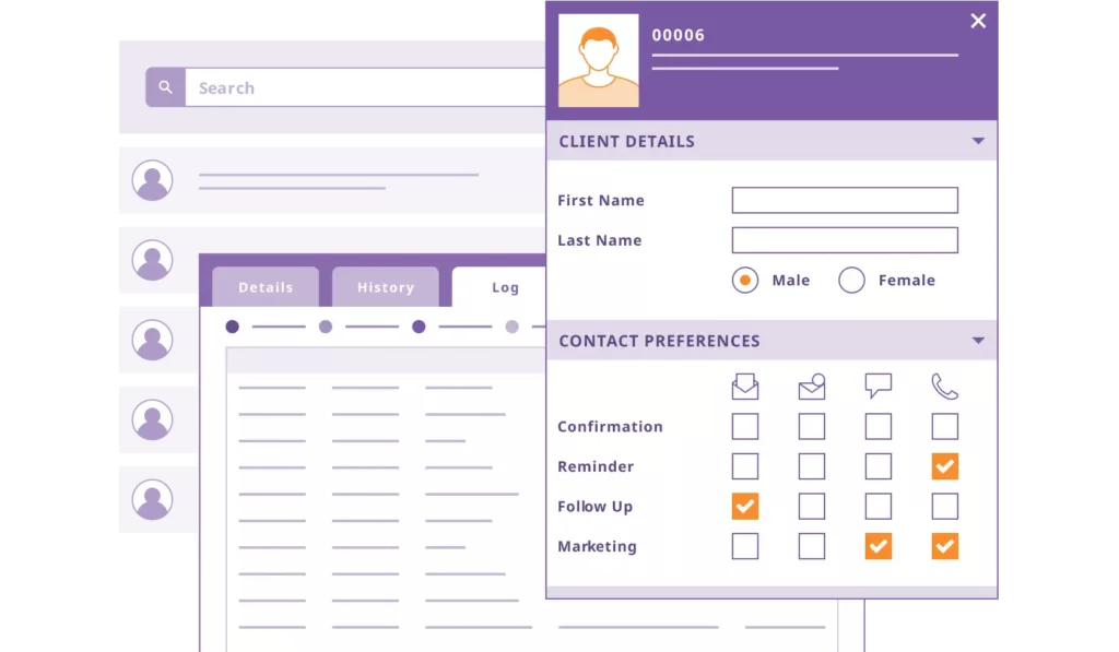 an image of the client registration screen and client log screen in Private Practice Software