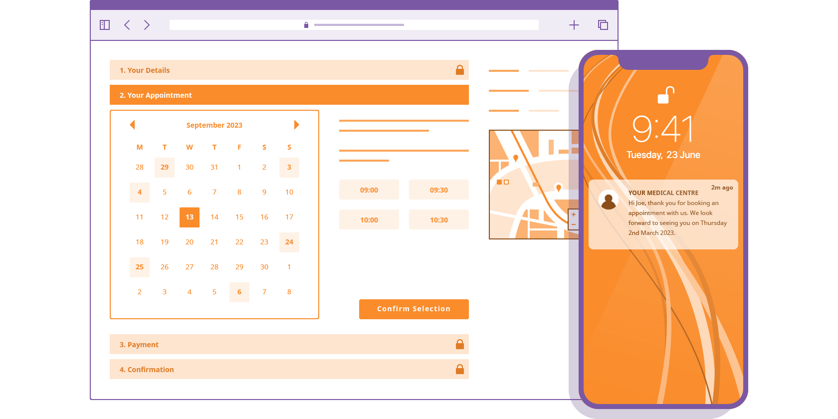 an example of the online appointment booking screen in Private Practice Software, showing a calendar view of available appointments and a booking confirmation SMS on a smartphone