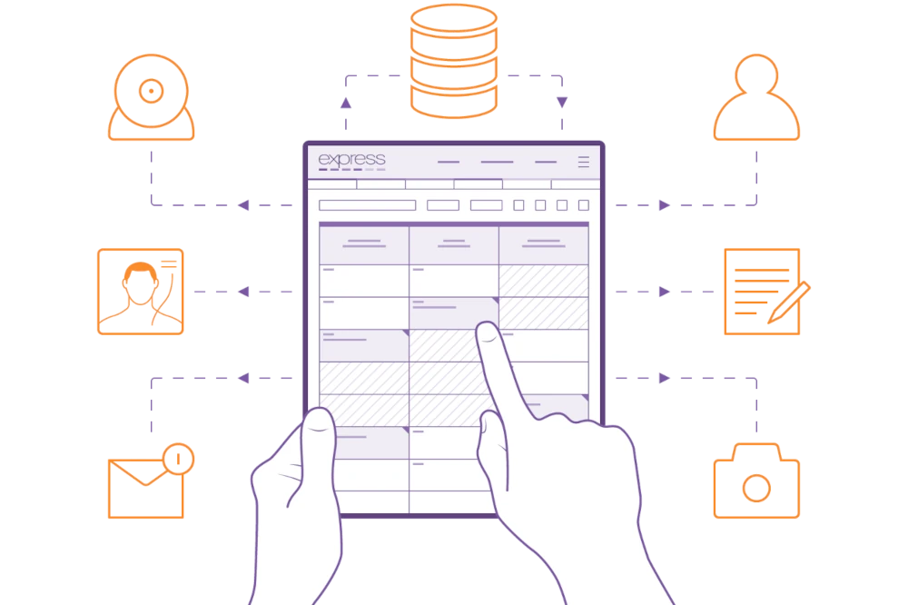 an artistic representation of the diary screen in PPS Express with some icons that provide a visual representation of some of the features found in private practice softwae, including appointment reminders, video calls, treatment notes, patient billing and more