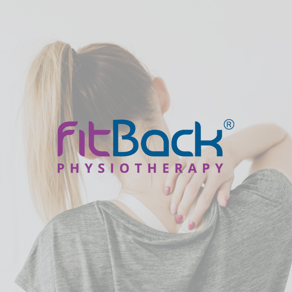 An image of a woman rubbing her back to indicate pain with the FitBack logo overlayed