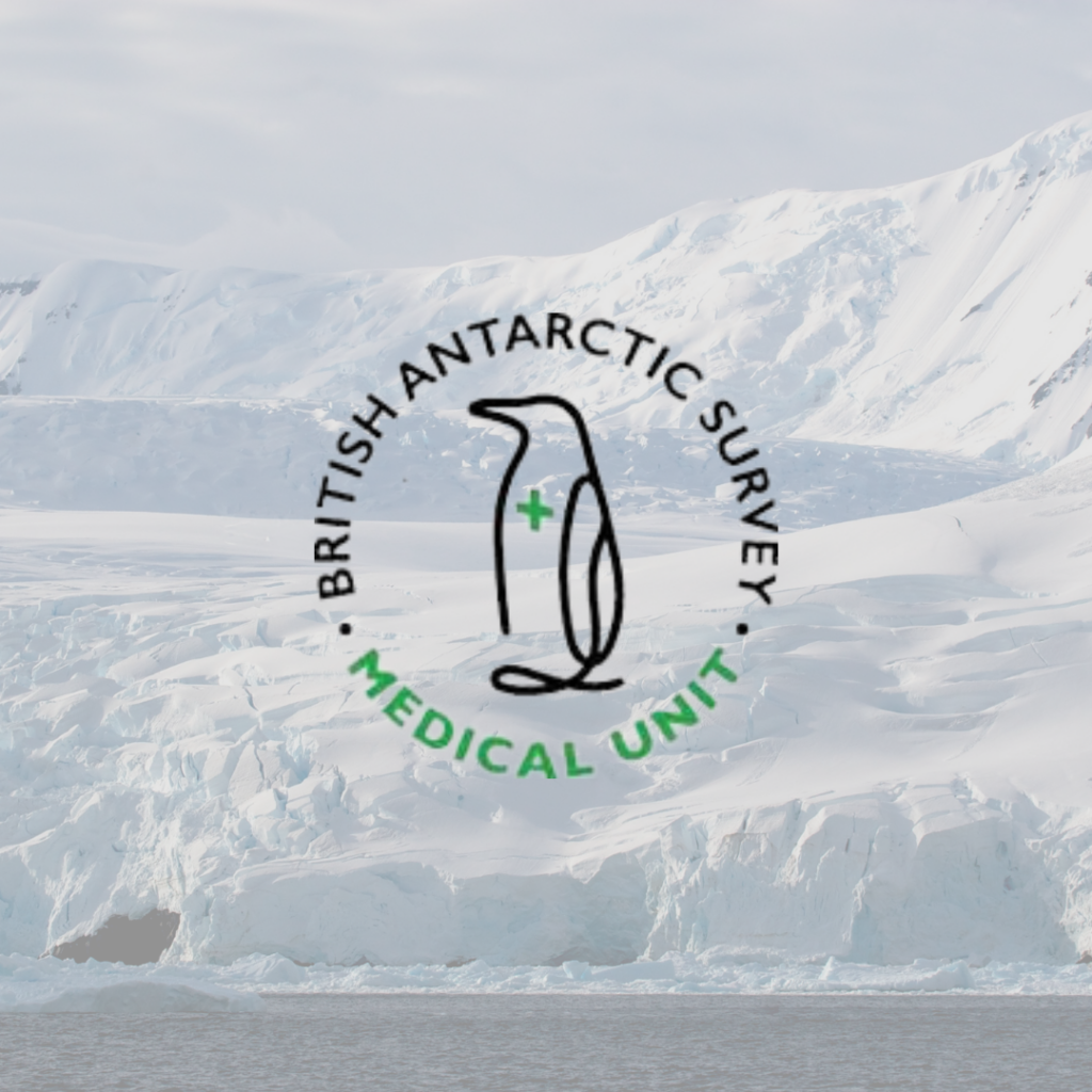 An image of ice caps with the British Antarctic Survey Medical Unit logo overlayed