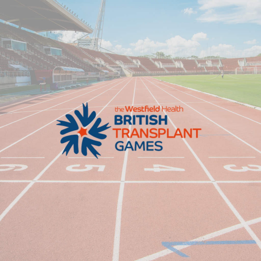 An image of an athletics track with the British transplant games overlayed