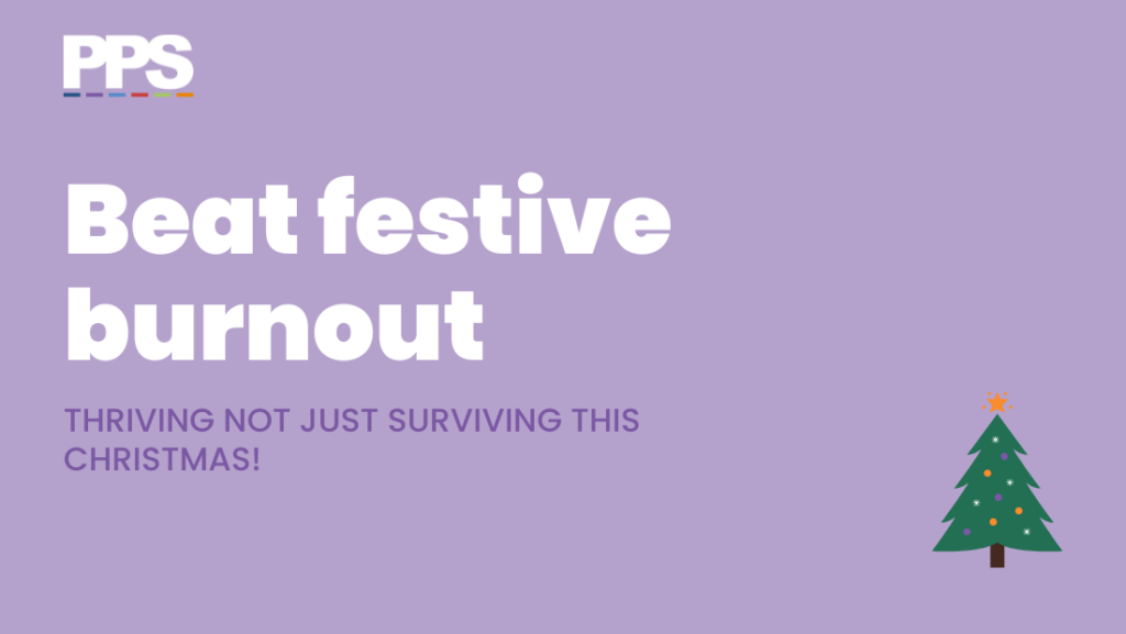 Beat festive burnout header image in purple with white text and small christmas tree